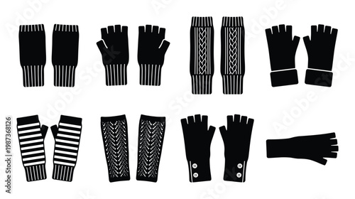 Set of eight black fingerless and full gloves icon with various designs on transparent background