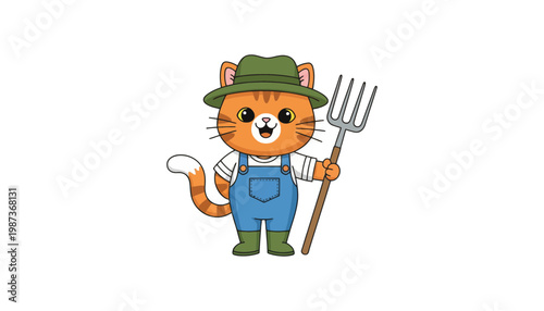 A cartoon cat wearing overalls and holding a pitchfork illustration