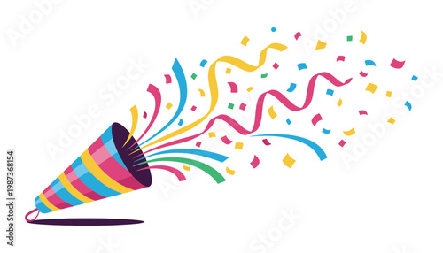 A colorful party horn illustration with confetti and ribbons exploding out