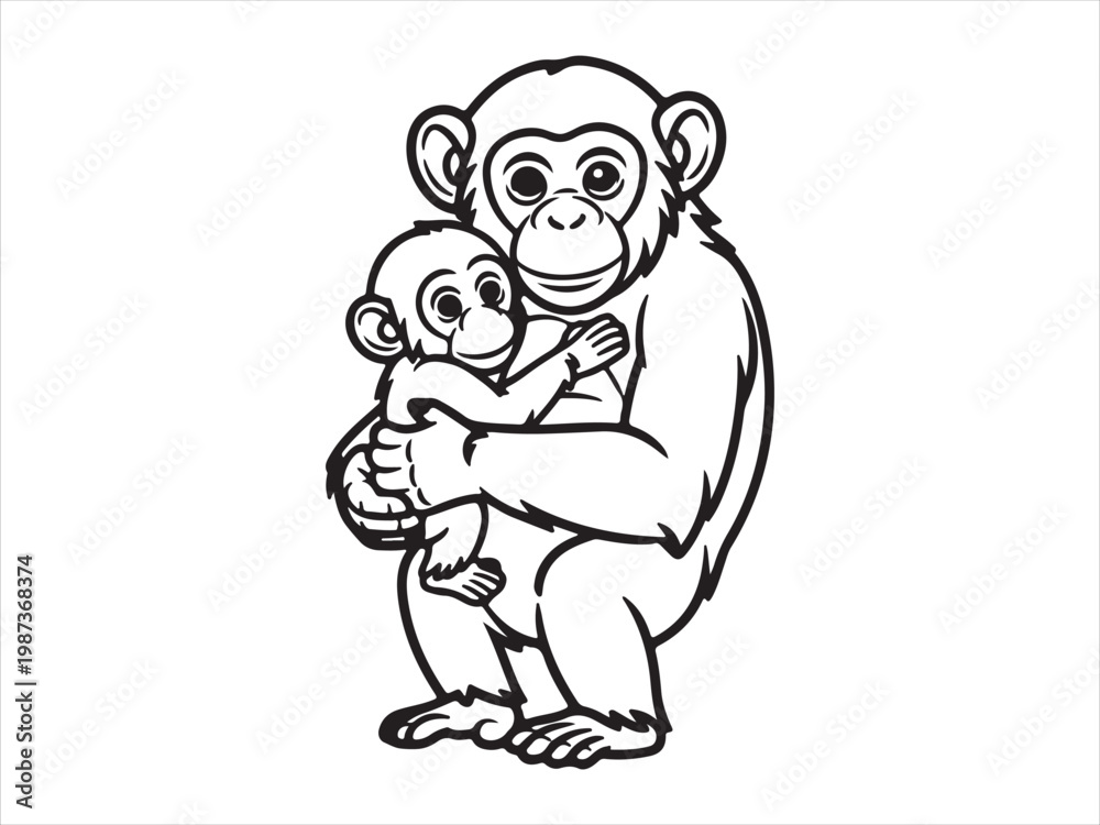Fototapeta premium Line art of mother monkey holding baby monkey vector animal line art illustration