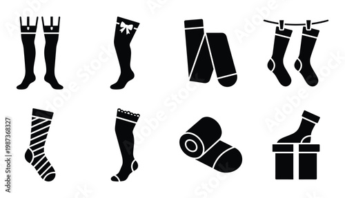Set of eight black socks and stockings icon with different shapes and designs on transparent background