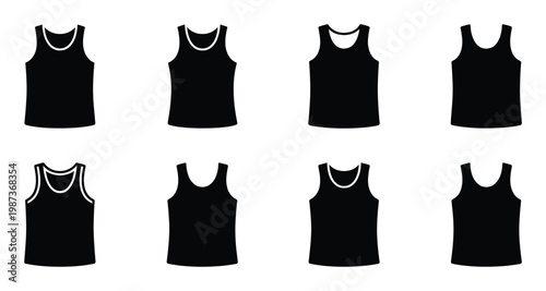Set of eight black sleeveless shirts with different necklines and trim on transparent background