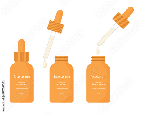 Orange serum bottles with droppers shown in use. One drops serum, another is ready to use. Minimalist design for beauty and wellness. Ideal for product ads, e-commerce, or health sites