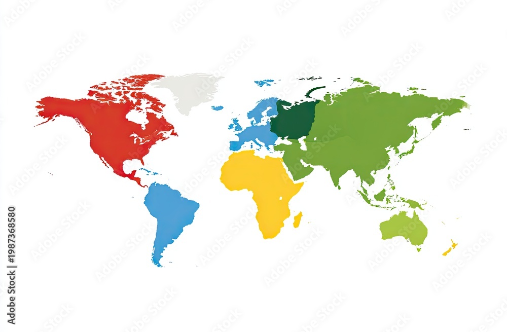 Fototapeta premium Continents depicted in vibrant colors on a white background