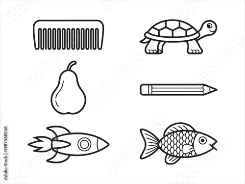 Set of Hand Drawn Outline Icons, Comb Turtle Pear Pencil Rocket Fish Line Art Illustration