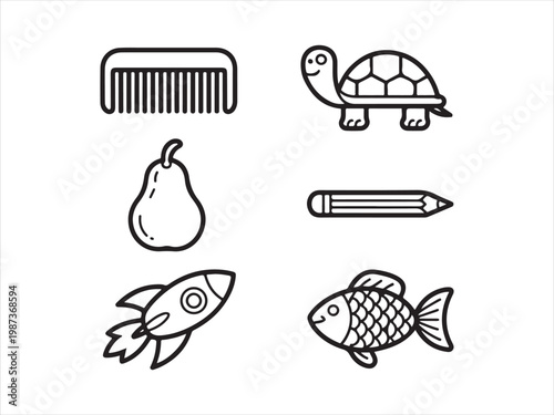 Set of Hand Drawn Outline Icons, Comb Turtle Pear Pencil Rocket Fish Line Art Illustration
