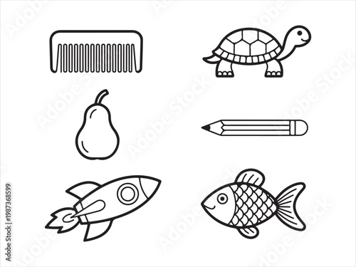Set of Hand Drawn Outline Icons, Comb Turtle Pear Pencil Rocket Fish Line Art Illustration
