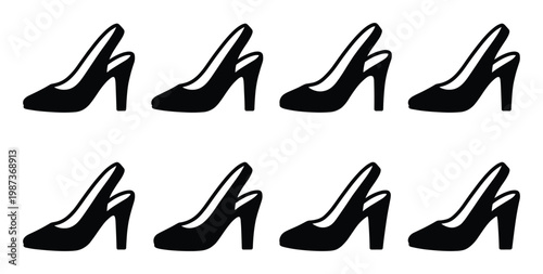 Set of women's slingback heels vector illustration. black silhouette of elegant footwear isolated