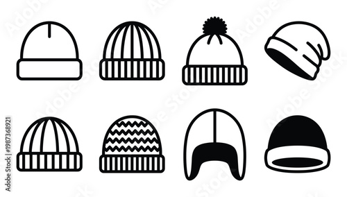 Set of winter hats isolated on transparent background outline icons collection vector illustration