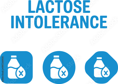 Lactose Intolerance Icon Set with Milk Bottle Symbol and Blue Labels for Allergy Awareness