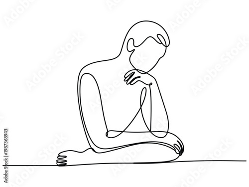 Minimalist single line art drawing depicting a contemplative person sitting crosslegged with head bowed thoughtfully in solitude isolation