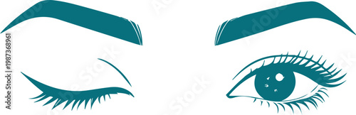 Teal Winking Woman Eyes With Eyebrows And Long Lashes