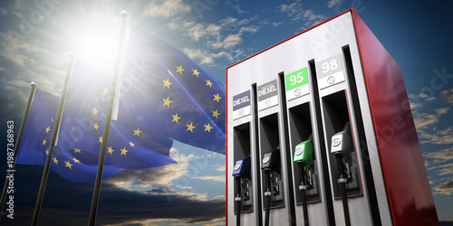 Foto European Union - gasoline and diesel dispencer with flags - 3D illustration