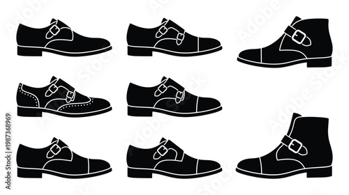 Seven black leather monk strap shoes and boots for men, formal dress footwear on transparent background