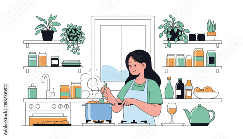 Woman cooking in a modern kitchen with a blue pot and green apron