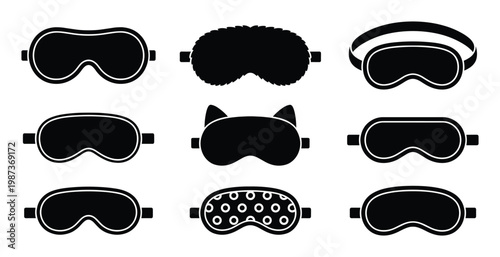 Sleep mask and eye cover collection vector flat silhouette icons set isolated on transparent background