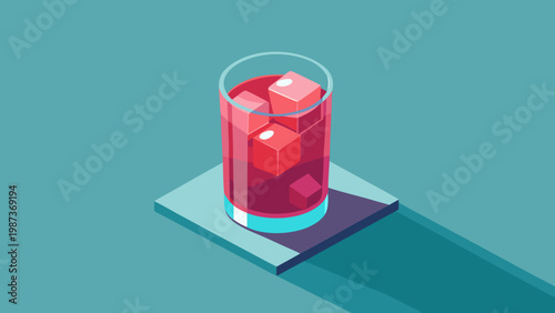 Isometric illustration of a red beverage in a glass with ice
