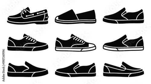 Slip on shoes and boat shoes collection casual summer footwear silhouettes for men and women set iso
