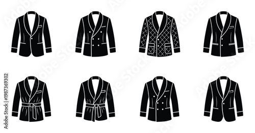 Smoking jacket and luxury dressing gown collection vector silhouette icons set for gentleman loungewear