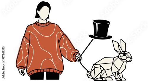 Magician performing trick with rabbit and hat vector illustration for entertainment performance show business stage illusion and event concept