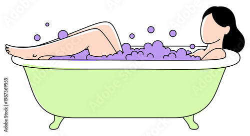 Woman relaxing in bubble bath vector illustration for self care wellness hygiene routine spa relaxation stress relief and healthy lifestyle concept