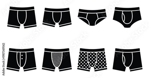 Various black mens underwear briefs boxers and trunks with contrasting trim on transparent background