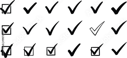 Collection of black check mark icons and symbols