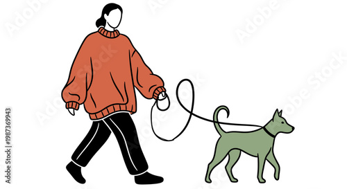 Person walking dog on leash vector illustration for pet care outdoor activity companionship healthy lifestyle daily routine and animal ownership concept