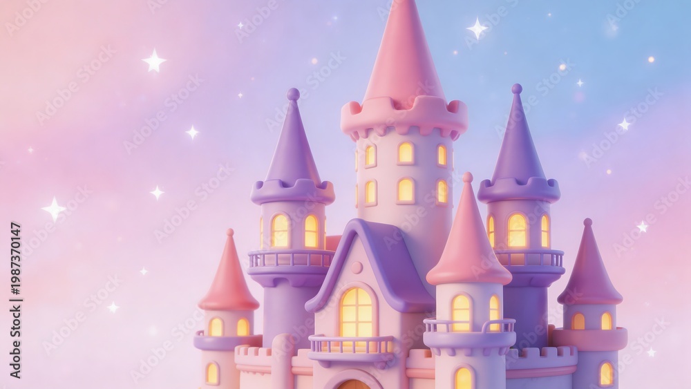Fototapeta premium A whimsical pink and purple castle with lit windows stands majestically under a starry night sky with a soft pink and blue gradient