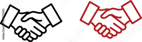 Handshake icon set black and red outline versions representing agreement and partnership