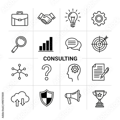 Vector Set of Business Consulting Line Icons Including Strategy, Management, Growth, and Professional Analysis Symbols