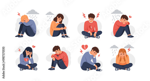 Illustration of people expressing sadness and heartbreak in various poses