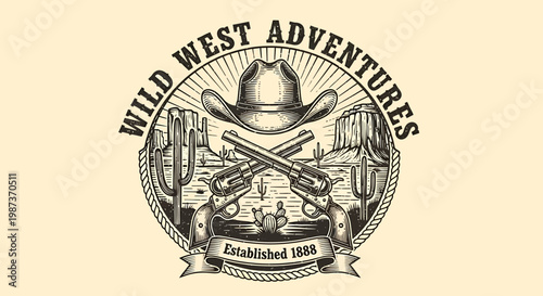 Established 1888 Wild West Adventures Emblem with Crossed Pistols, Cowboy Hat, and Desert Landscape Illustration