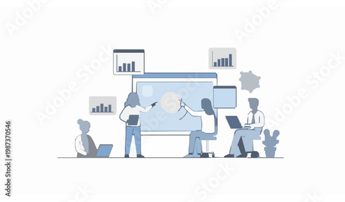 Minimal AI Business Team Collaboration Data Line Vector Illustration