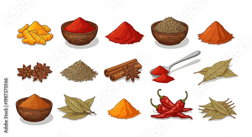 Collection of various spices and herbs in piles and on a spoon, including chili peppers, cinnamon sticks, star anise, turmeric, and bay leaves