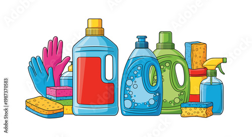 Colorful cleaning supplies isolated on white background