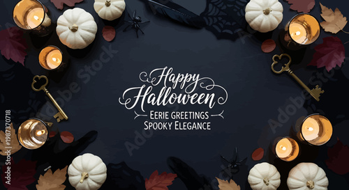 Eerie Elegance and Spooky Greetings A Happy Halloween Scene with Pumpkins, Candles, and Keys