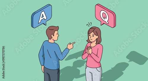A man and woman engaged in conversation with speech bubbles