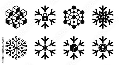 Abstract snowflake shapes blockchain network data connection crypto security technology icons