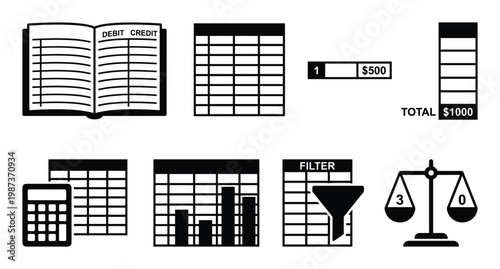 Accounting and bookkeeping icons for financial data analysis spreadsheet management and balance check