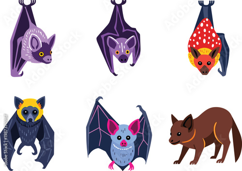 Exotic Bat and Flying Fox Collection with Colorful Fruit Bat Species Isolated on White