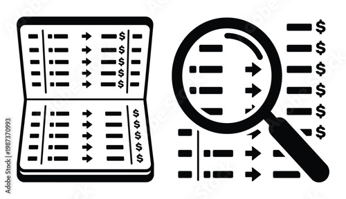 Accounting book and magnifying glass search financial report icon set on transparent background