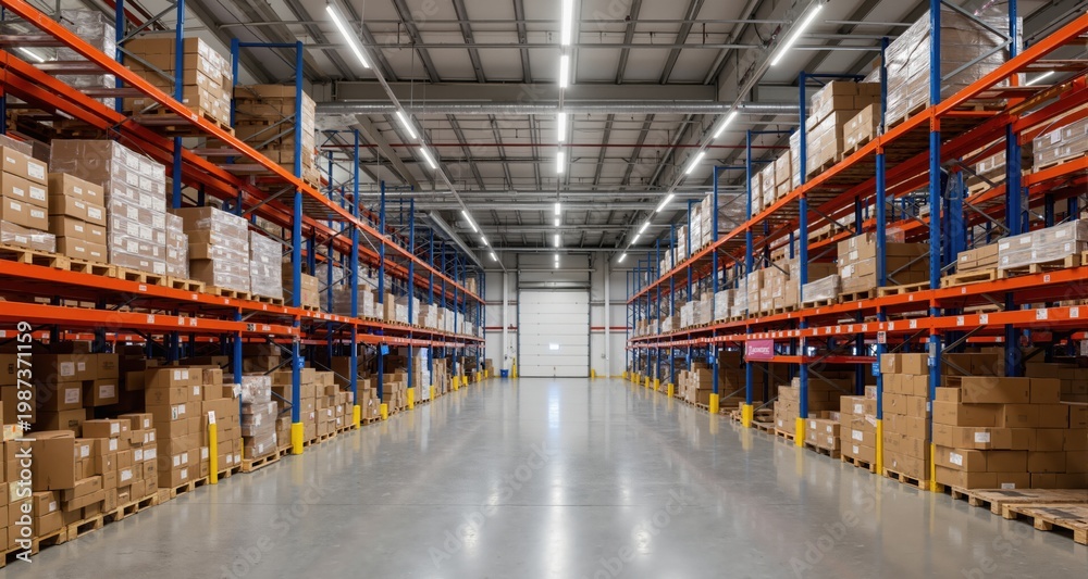 Fototapeta premium Interior of logisInterior of logistics warehouse with racks and shelves tics warehouse with racks and shelves