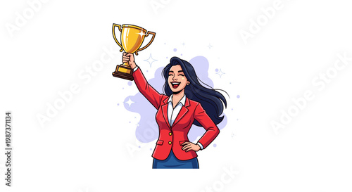Woman in red blazer holding golden trophy isolated on white background