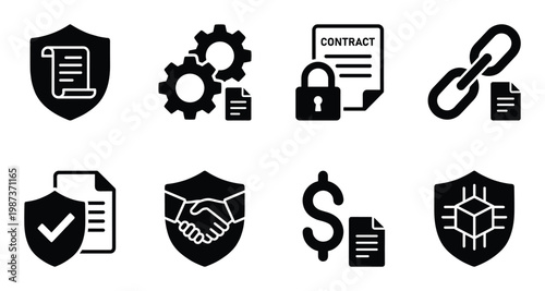 Blockchain technology and smart contract security concepts black white graphic illustration