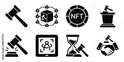 Blockchain technology crypto auction gavel nft digital art abstract security handshake hourglass