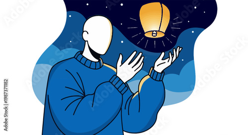 Writer releasing sky lantern at night, inspiration and dreams hope storytelling aspirations creative imagination concept vector illustration