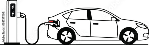 Electric car charging at a station, clean energy transportation concept, vector illustration