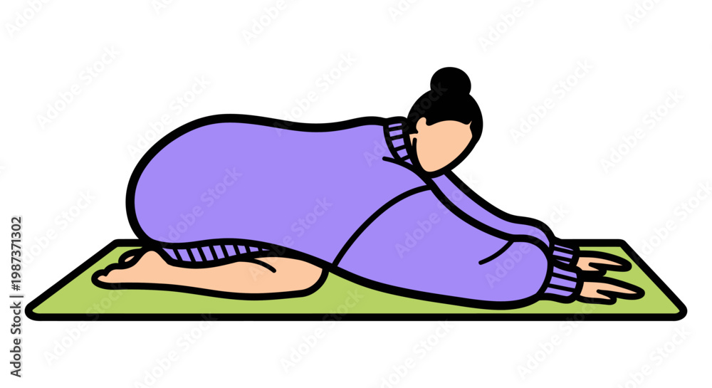 Fototapeta premium Woman in child's pose yoga vector illustration for relaxation wellness meditation mindfulness healthy lifestyle fitness training home workout flexibility balance exercise concept