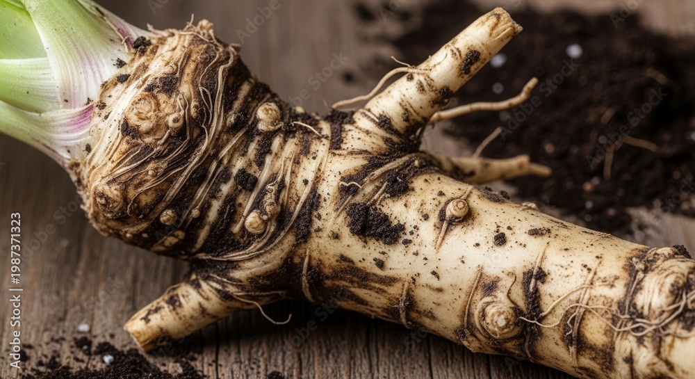Fototapeta premium Freshly Harvested Horseradish Root with Soil Details